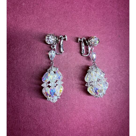 Vintage VENDOME AB Crystal Bead Dangle Earrings Signed Clip On Mcm Mid Century - Picture 5 of 8